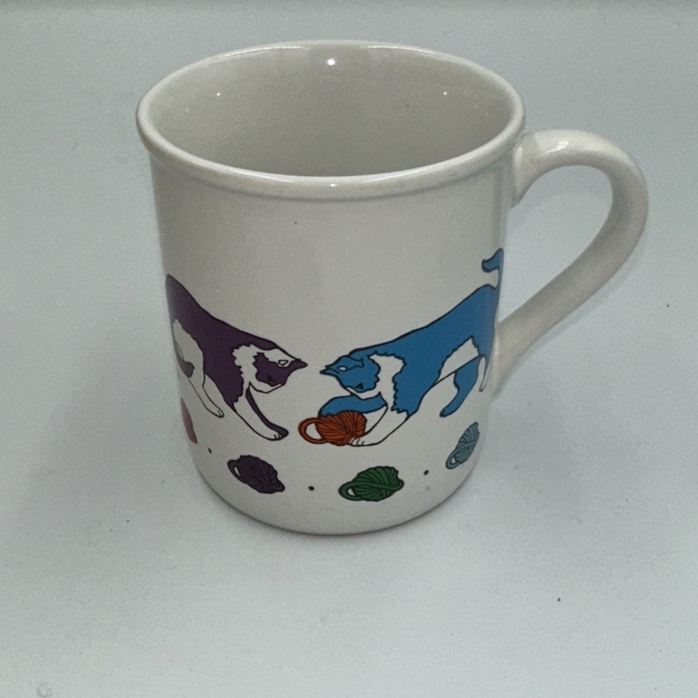 VTG 1984 Cat Mug By Current Inc. Kittens Playing With Yarn Coffee Cup Colorful
